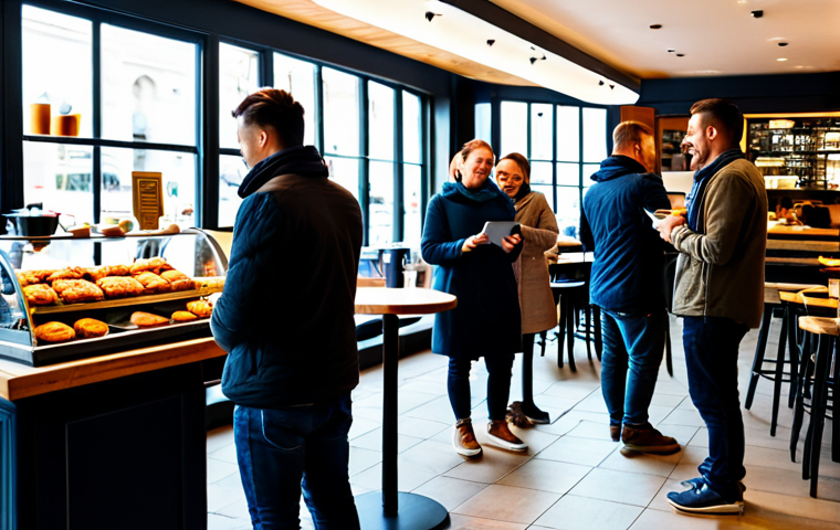 Social Proof in Action**
"A busy cafe scene, several people are in line, others are happily enjoying coffee and pastries, warm lighting, friendly atmosphere, many positive online reviews displayed on a tablet near the entrance, safe for work, appropriate content, fully clothed patrons, professional photography, perfect anatomy, natural proportions, family-friendly."
**