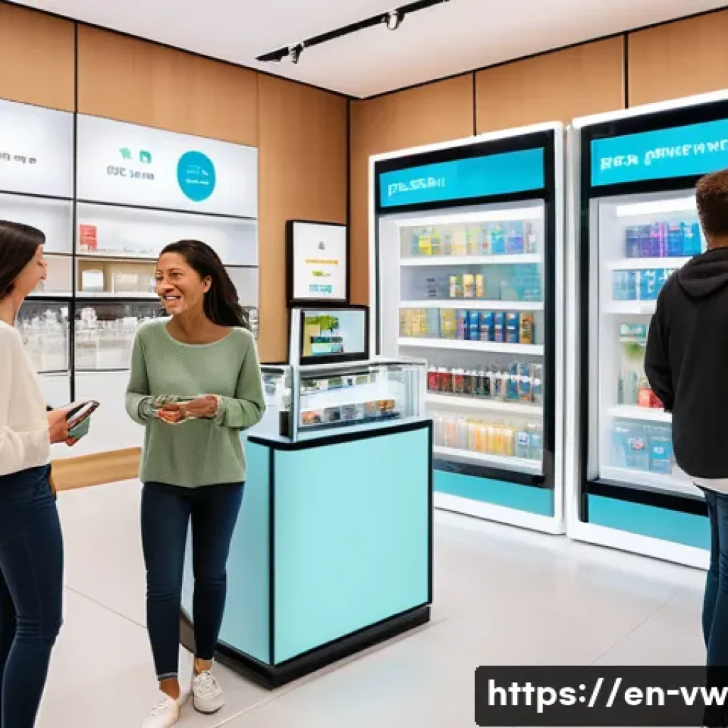 소비자 심리와 구매자 경험의 동향 - A modern retail scene showing a diverse group of customers happily interacting with personalized dig...