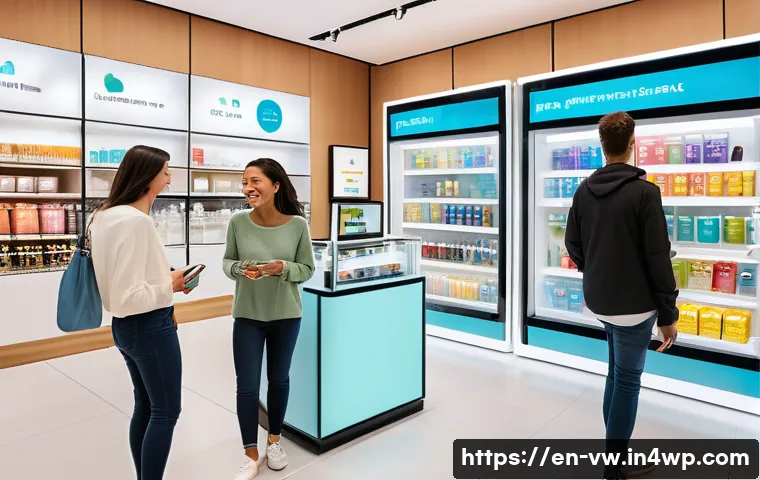 소비자 심리와 구매자 경험의 동향 - A modern retail scene showing a diverse group of customers happily interacting with personalized dig...