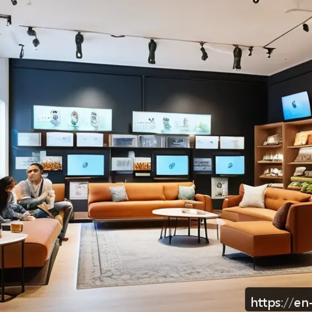 소비자 심리와 마케팅 전략의 연계 - A modern retail store interior with warm, inviting lighting and cozy seating areas, showcasing a div...