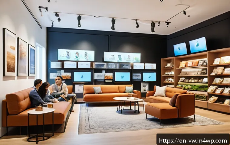 소비자 심리와 마케팅 전략의 연계 - A modern retail store interior with warm, inviting lighting and cozy seating areas, showcasing a div...