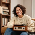 Home 18 소비자 심리에 따라 변화하는 소비 패턴 - A cozy, warmly lit scene inside a stylish living room where a middle-aged woman is wrapped in a soft...