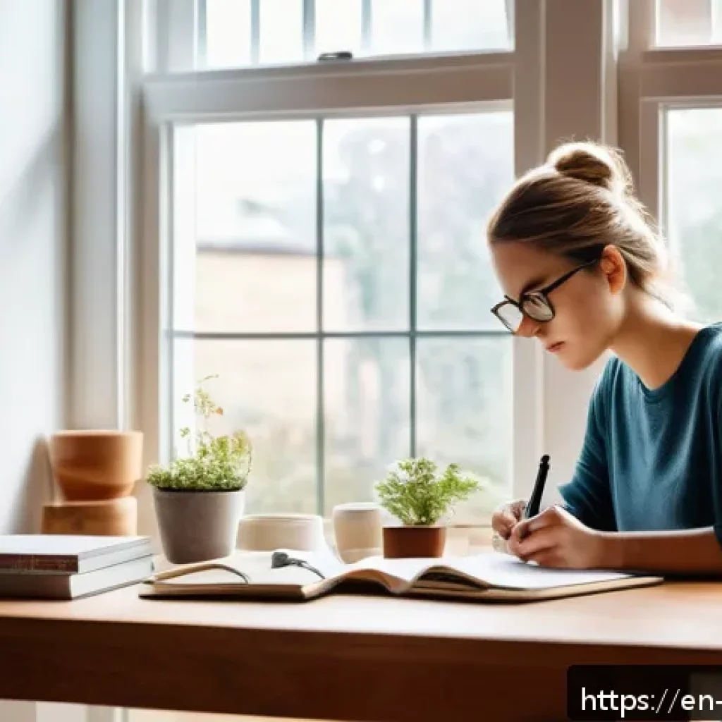 소비자 심리와 소비자 교육의 중요성 - A cozy, modern home office scene featuring a young adult woman thoughtfully journaling her recent pu...