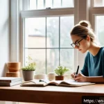 Home 23 소비자 심리와 소비자 교육의 중요성 - A cozy, modern home office scene featuring a young adult woman thoughtfully journaling her recent pu...