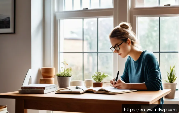 소비자 심리와 소비자 교육의 중요성 - A cozy, modern home office scene featuring a young adult woman thoughtfully journaling her recent pu...