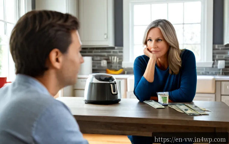 Home 17 소비자 심리 이해를 위한 종합 가이드 - Photorealistic home shopping decision scene, thoughtful middle-aged American consumer seated at a cl...