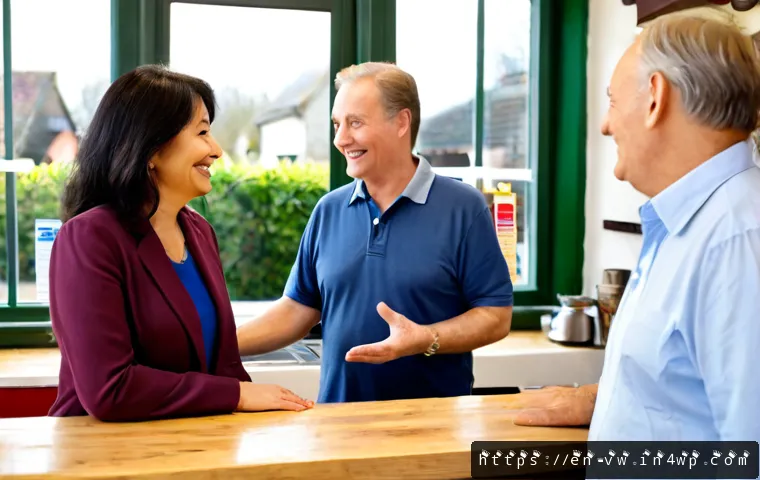 소비자 신뢰를 구축하는 심리적 요소 - Photorealistic scene of a friendly local shop owner warmly greeting a diverse middle-aged couple acr...